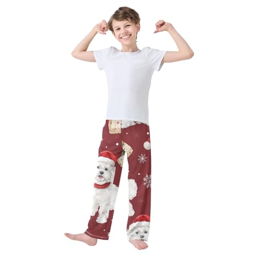 Christmas Bichon Snowflake Boys Long Pants Soft Trousers Elastic Waist Kids Lounge Bottoms with Pockets S-XL2