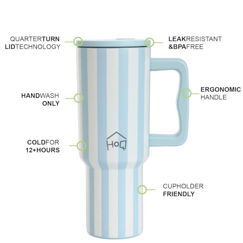 Image of House of Quirk 1200ML Stainless Steel Tumbler with Handle & Lid, 2 Straws - Large Travel Mug Water Cup for Gym, Office & Outdoor Use (Coastal Stripe)