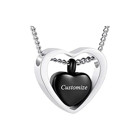wusan Stainless Steel Double Heart Cremation Urn Necklace Funnel Fill Kit Keepsake Memorial Ashes 3 Colors (Metal color : Black engraved) Cover
