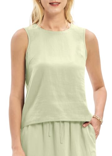 AVICHIC Women Linen Tank Top Crew Neck Sleeveless Tops Loose Fit Casual Tank Tops for Summer Beach Sage Green M