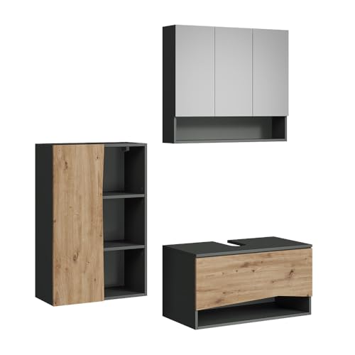 Vicco Conjunto de Muebles de baño de 3 Piezas Willow, Artesano, 80 cm, Compuesto por Mueble bajo Lavabo, Armario con Espejo y Armario Mediano