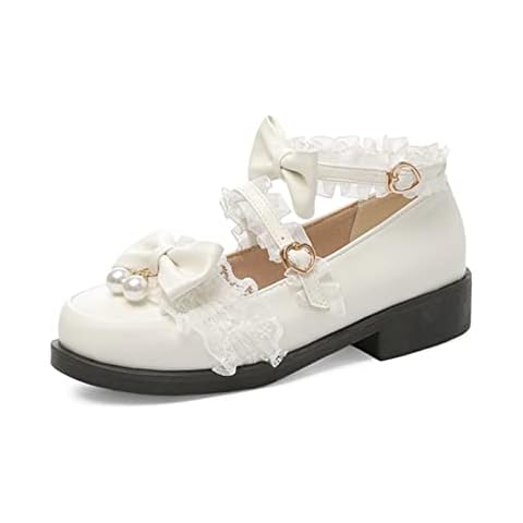Women Ankle Strap Lace Block Mid Heels Bow Pearl Kawaii Round Toe Mary Jane Shoes Cover