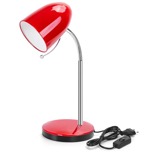 Aigostar Lámpara Escritorio Retro E27, Flexo Escritorio de Metal Vintage Sin Bombilla, Lampara de Mesa con Cuello Flexible, Máx 240V, Cable de 153 cm, Rojo