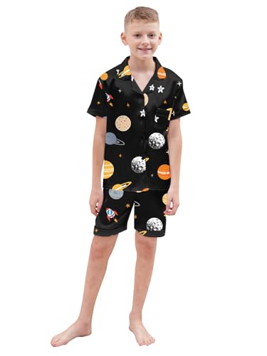 Schbbbta Kids Satin Pajamas Sets Girls Boys Button-Down Pjs Short Sleeve Silk Nightwear, Black Astronaut, 11-12 Years = Tag 160