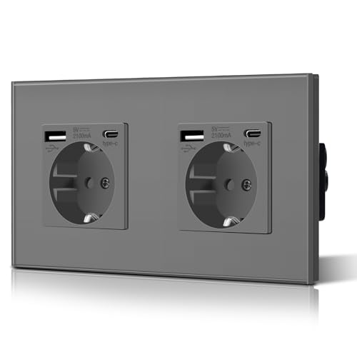 BSEED Enchufe de Pared con USB C,Enchufes Dobles Empotrados con Cristal,Toma de Corriente,Seguridad infantil,Fácil de Instalar,M Serie,2 Enchufes con USB y Tipo C,157mm Gris
