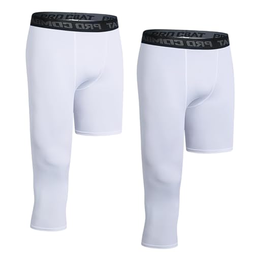 SHAIYOU 2 Pcs Mens 3/4 Pantalones Compresión, Leggings de Una Pierna con Secado Rápido, para Entrenamiento de Gimnasio Sports Basketball Rear Athletics Base Cycling Pants (White R-Long,4XL)