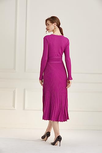 Image of Women's Long Knit Crewneck Sweater Dress Tie Waist A-Line Swing Pleated Bodycon