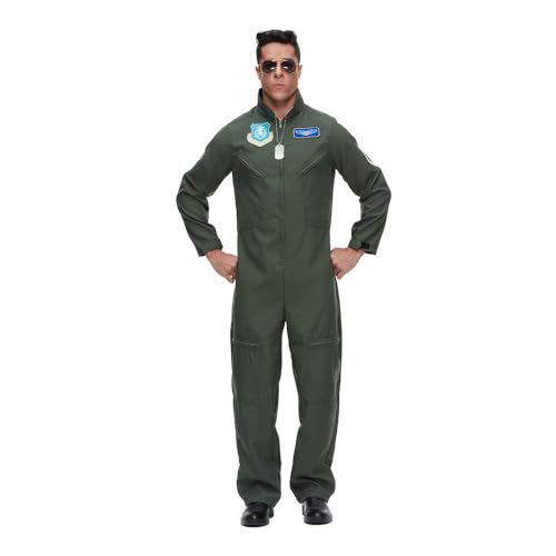EraSpooky Men's Flight Suit Adult Air Force Pilot Jumpsuit Costume with Necklace and Sunglasses