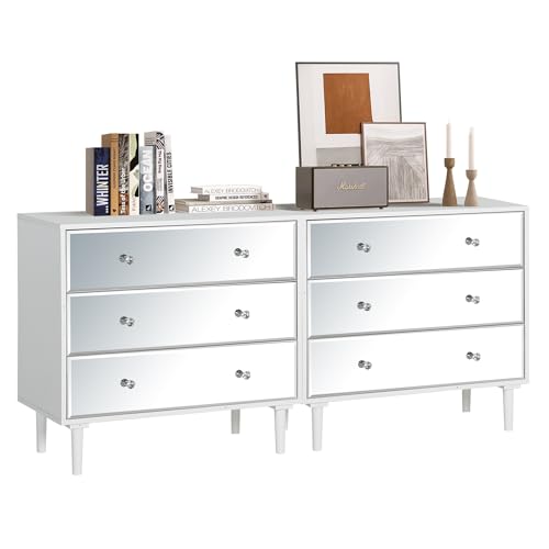 STHOUYN White Nightstand Set of 2 with 3 Drawers Mirrored Bed Side Tables Bedroom Modern Bedside Table Set of 2 with Storage Decorative Night Stand for Living Room(White)