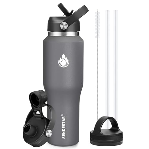 Image of SENDESTAR 40oz Water Bottle Wide Mouth Stainless Steel Vacuum Insulated Double Wall with 2 Straw Lids Fit in Any Car Cup Holder