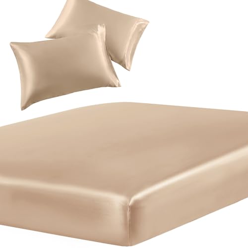 Image of SiinvdaBZX 3-Piece Set Satin King Fitted Sheet & 2 Pillowcase, Beige Silky Soft Fitted Bottom Sheet, Wrinkle Free, Fade Resistant, Deep Pocket Bed Sheet (Deep Up to 15 inch)