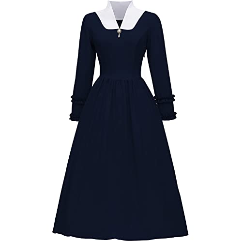 Abaowedding Colonial Dress for Women Pioneer Costume Modest Prairie Colonial Civil War Dress (Dark Blue M)
