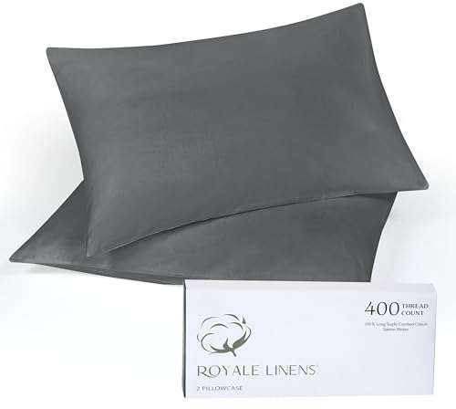 Image of Royale Linens 400 Thread Count 100% American Grown Cotton Queen Pillowcase Set - Luxury Sateen Queen Pillow case - 20 inchx30 inch Inch - Soft & Smooth Set of 2 Grey Pillowcases - (Queen, Spanish Slate)