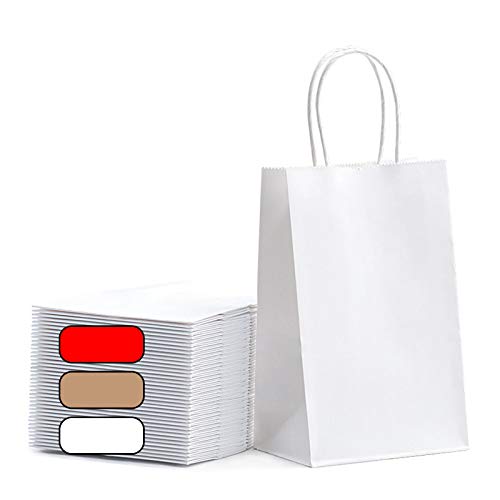 Quanyong 50Pcs White Kraft Paper Bags 5.25 x3.75 x8 inchs Gift Bags Bulk with Handles for Shopping, Packaging, Retail, Party, Gifts, Wedding, Recycled, Business, Goody and Merchandise