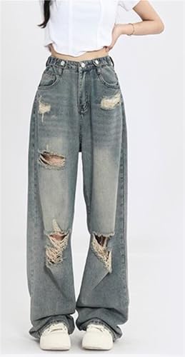 Women's Retro Hole-Punched Jeans Women High Waist Straight-Crotch Loose Slim Design Wide-Legged Dragging Pants3