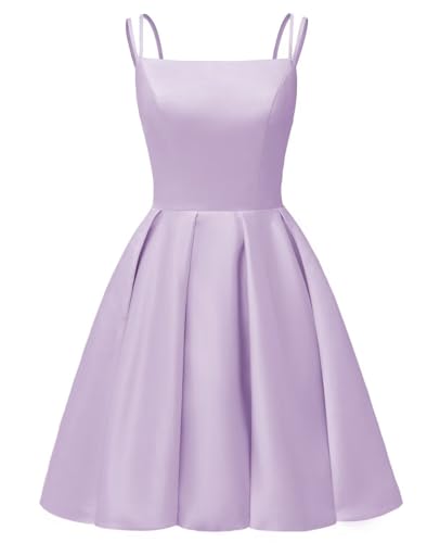 Image of Tianzhihe Satin Homecoming Dresses for Teens 2026 Spaghetti Straps A-line Square Neck Short Cocktail Party Dress with Pockets