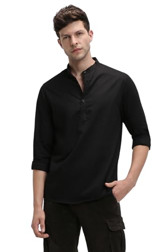 Image of Dennis Lingo Men's Cotton Solid Slim Fit Mandarin Collar Full Sleeves Casual Shirt