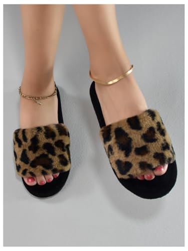 WDIRARA Women's Leopard Print Fuzzy Slippers Comfy Bedroom House Slippers3
