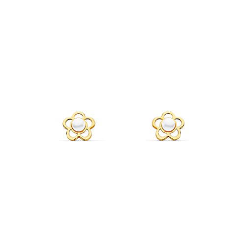 Pendientes Bebe Niña Oro Amarillo flor brillo | Margarita Calada Perla Redonda 2 mm | Certificado de Garantía | Incluye Estuche Regalo - Mondepetit