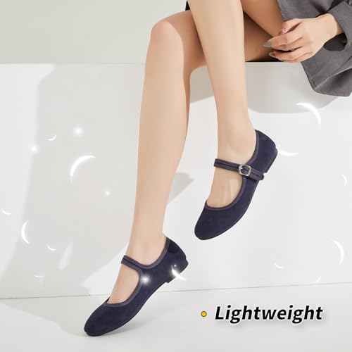 Image of BABUDOG Womens Mary Jane Flats with Strap,Faux Suede Black Flats Shoes,Flats Shoes Women Dressy Comfortable