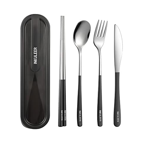 INKULEER Travel cutlery set, 18/8 stainless steel cutlery, Reusable utensils set with case, Portable Silverware Lunch Box for Camping and Office Cover