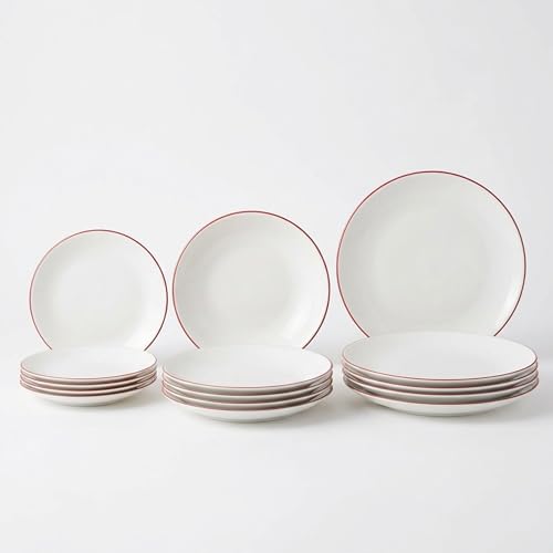 SANTA CLARA | Vajilla Completa 12 Piezas Vidrio Opal para 4 Personas, Apta Microondas y Lavavajillas, Vajilla Amalfi Roja Decorada para Hogar y Cocina