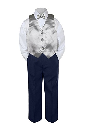 Leadertux 4pc Baby Toddler Boys Silver Vest Bow Tie Navy Blue Pants Suit Set S-7 (4T)