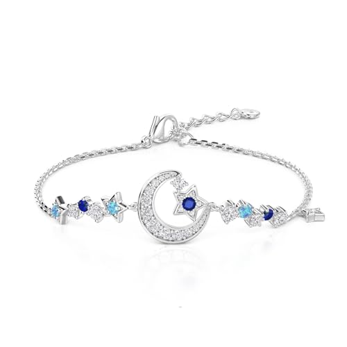 Jeulia Luna Astra Moon and Star Tennis Bracelet for Women | Sparkling CZ Bling Blue Celestial Charms | 925 Sterling Silver Adjustable Slider Chain | Gift Box Included
