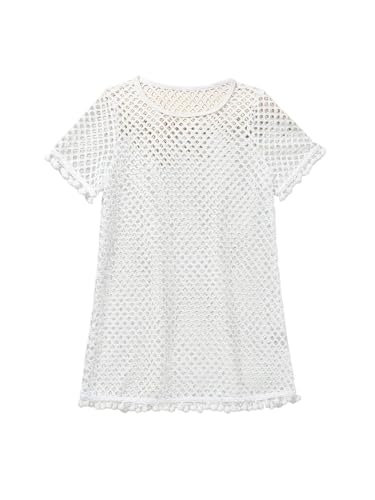 SHENHE Girl's Cute Swim Cover Up Hollow Out Sheer Bathing Suit Coverups Pom Pom Beach Dress