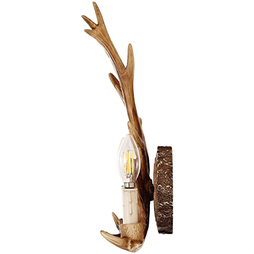 Image of Antler Wall Sconce, 1-Light Vintage Faux Deer Horn Wall Lamp, Retro Brown Hardwired Flush Mount Indoor Light Fixture for Bedroom, Hallway, Living Room, and Fireplace (Bulb Not Included)