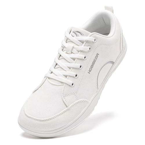 HOBIBEAR Unisex-Schuhe mit breiter Zehenkappe Minimalistische Barfuß-Sneakers aus Canvas Schnürschuhe zum Wandern für Damen und Herren(Weiß,EU 42)