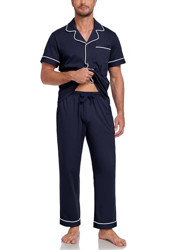 Image of COLORFULLEAF 100% Cotton Mens Pajamas Set Short Sleeve Loungewear with Long Pants Button Down Sleepwear Soft Comfy Pj for Men