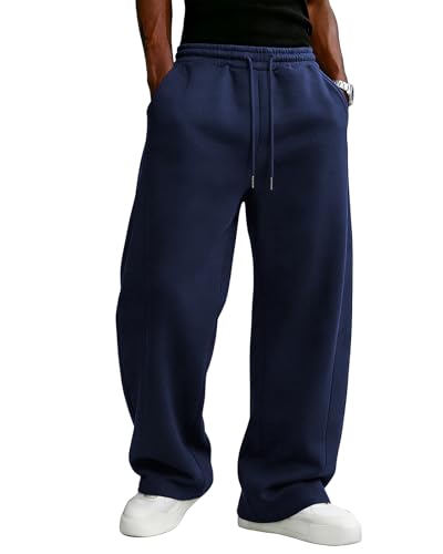 PIDO YOGA Mens Baggy Sweatpants Fleece Wide Leg Lounge Pants Drawstring Waist Loose Fit Cotton Jogging Sweat Pants with Pockets Navy Blue