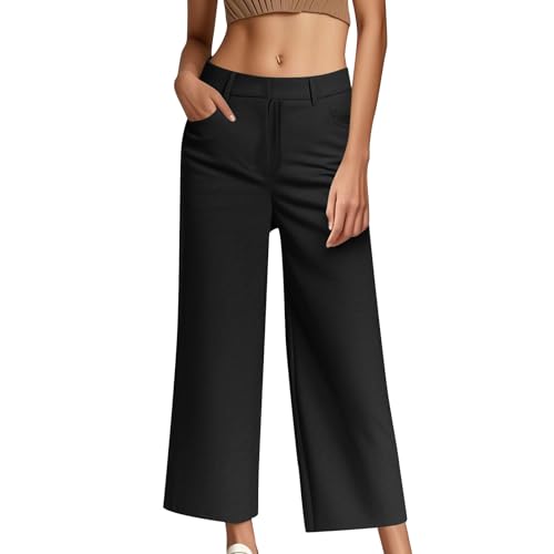 Womens Straight Wide Leg Pants Work Casual Mid-Rise Comfortable Twill Chino Pants Flat Front Trousers with Pockets