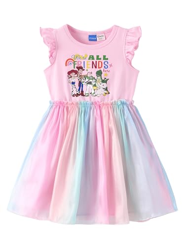 Disney Toy Story Toddler to Tween Girl Dresses Ruffle Short Sleeve Tutu Sparkle Tulle Skirt Summer Mesh Clothes Birthday Party Gift Theme Park Costume Casual Outfit Decoration Colorful Pink 4-5T