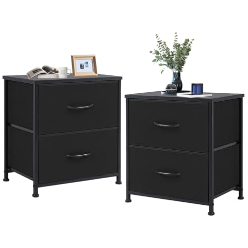 Sweetcrispy Nightstand Set of 2, Small Dresser with 2 Fabric Drawers, Bedside Table for Bedroom, Storage Organizer with Wood Top and Steel Frame, Black by Sweetcrispy - Used condition - CA$23.84