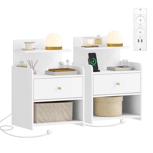 HEXCELEN Table de Nuit avec Multiprise, Lot de 2, Tables de Chevet avec 1 Tiroir et 2 Compartiments Ouverts, Table d'appoint, Port USB et Type-C, 2 Prises,...