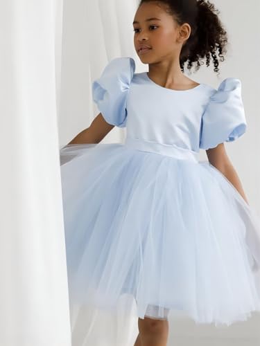 JISISANG Puff Sleeve Tulle Flower Girl Tutu Dresses for Wedding Birthday Party Satin Tulle Girl Dresses with Bow-Knot3