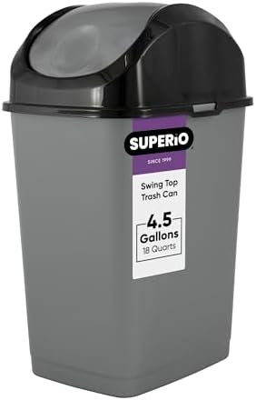 Superio Small Trash Can with Lid 4.5 Gallon Plastic Swing Top Garbage Can Slim Waste Bin for Under Sink/Cabinet, Laundry Room, Kitchen, Office, Bedroom, Bathroom, College Dorm, 18 Qt, Gray/Black