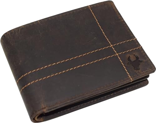 Bifold Wallets for Mens Distressed Genuine Leather RFID Protected Classic Billfold Vintage Wallet for Men (Logo)