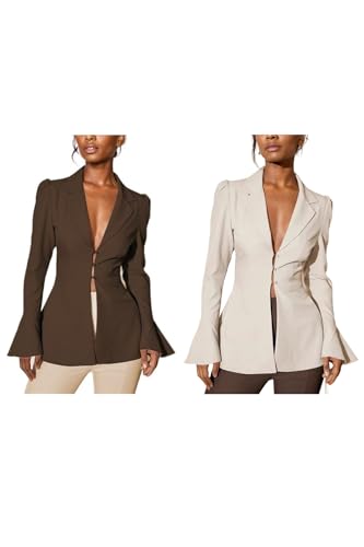 LETSVDO Women's Elegant Blazers Lapel Neck Ruffle Long Sleeve Business Blouse Deep V Neck Bell Sleeve Office Suit Jackets4