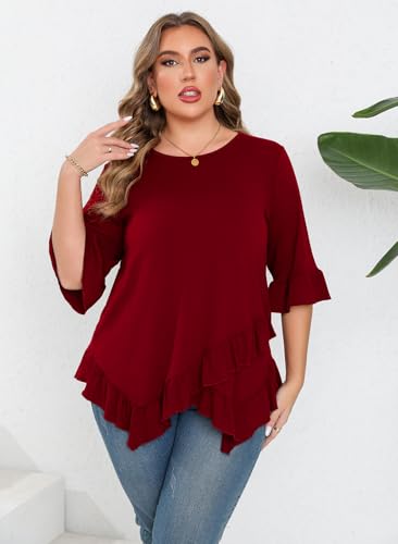 Beauhuty Plus Size Tops for Womens Tunic Ruffled Hem Crew Neck T-Shirts Casual Flowy Blouses 3/4 Ruffle Sleeve3