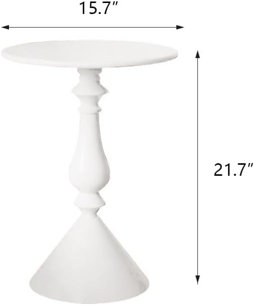 Small Round Pedestal Table, Metal Side End Table Vintage Matte Coffee Drink Cocktail Table Bedside Table for Living Room Corners, Small Spaces, White