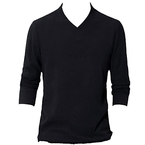 Men's Lightweight Merino Wool V-Neck Sweater Slim Fit Long Sleeve Pullover Classic Cashmere Trim Fine Knit (Black,Large)