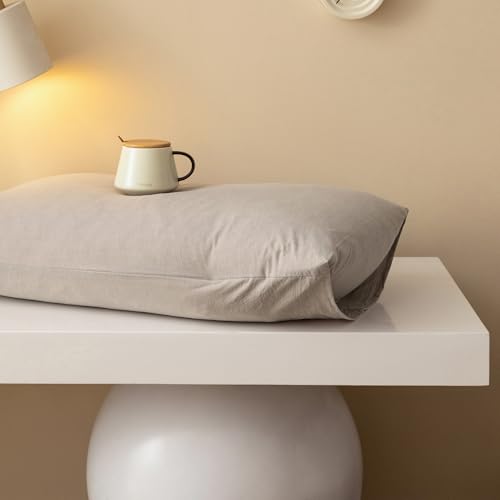 JIYUAN 100% Washed Cotton Duvet Cover Set 2 Pieces Twin, 1 Duvet Cover 68x90 Inches (Comforter Not Included) and 1 Pillowcases,Linen Feel Bedding Set Comfy and Breathable, Heathered Tannish Linen Grey