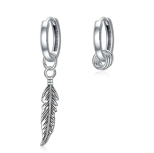 Vintage 925 Sterling Silver Feather Earrings Hoop Dangle Gothic Earrings for Men Women Teen Punk Drop Dangle Piercing Circle Earrings Unisex Jewelry