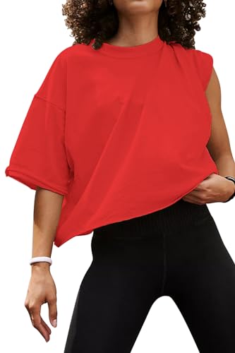 Image of HUGOOME Womens Oversized Workout Crop Top Casual Short Sleeve Boxy Roll Hem