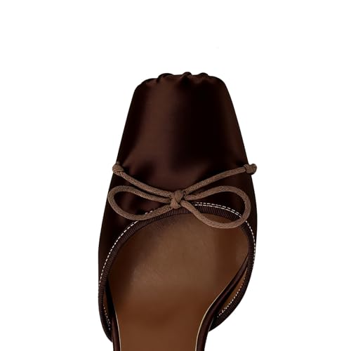 Image of Satin Ballet Heels for Women with Bow Square Toe Ballerina Stiletto Heels Lace Up High Heel Slingback Pumps Strappy Mary Janes Cute Elegant Party Shoes