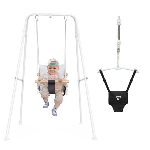 Image of RAGOZONERY 2 in 1 Baby Jumper with Toddler Swing, Baby Jumpers and Bouncers,Indoor Outdoor Toddler Swing Set, Cotton, White