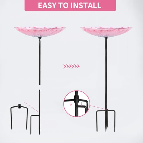 MUMTOP Glass Bird Bath, Garden Outdoor Birdbaths Birdfeeder with Metal Stake Pink Flower